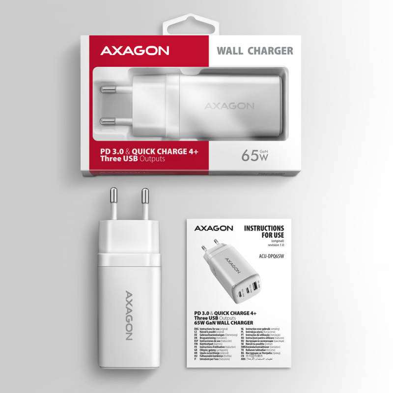 AXAGON ACU-DPQ65 GAN WALL CHARGER, 3X PORT (USB + DUAL USB-C), PD3.0/QC4+/PPS/APPLE, 65W, BLACK
