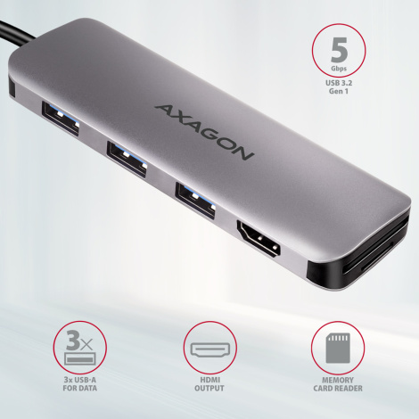 AXAGON HMC-HCR3A 3X USB-A + HDMI + SD/MICROSD, USB-C 3.2 GEN 1 HUB, 20CM USB-C CABLE