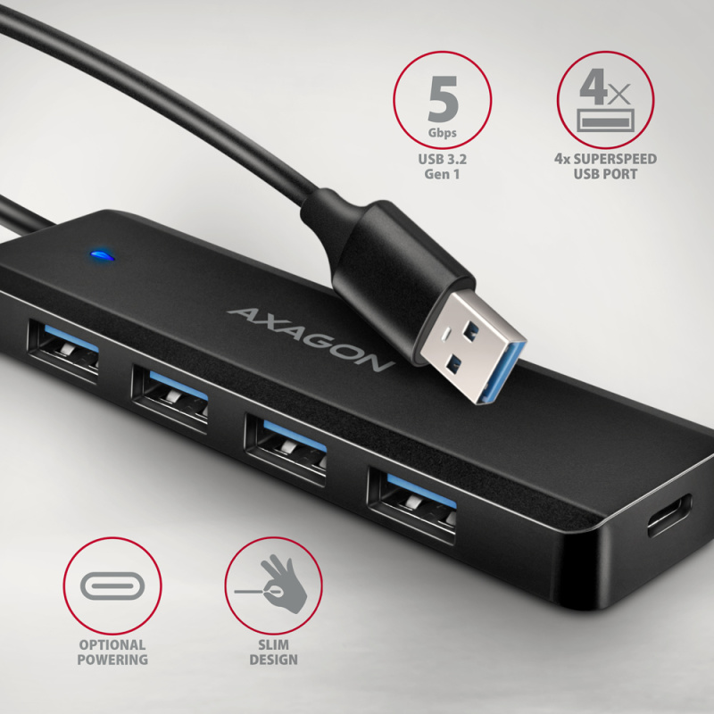 AXAGON HUE-C1A 4X USB3.2 GEN 1 TRAVEL HUB, USB-C POWER IN, W. 20CM TYPE-A CABLE