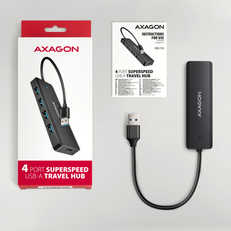 AXAGON HUE-C1A 4X USB3.2 GEN 1 TRAVEL HUB, USB-C POWER IN, W. 20CM TYPE-A CABLE
