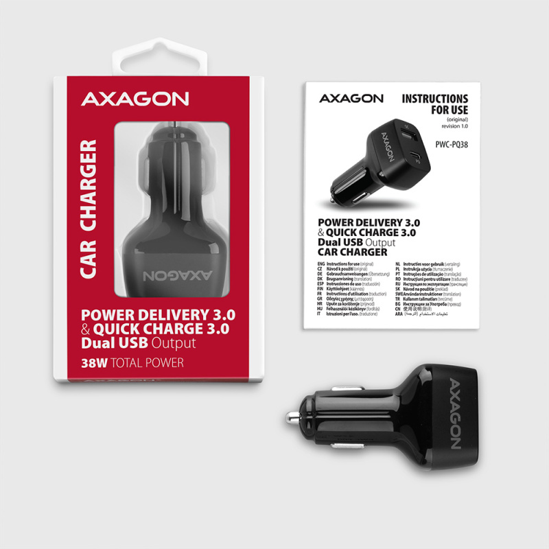 AXAGON PWC-PQ38 CAR CHARGER 1X QC3.0 + 1X PD USB-C, 38W, BLACK